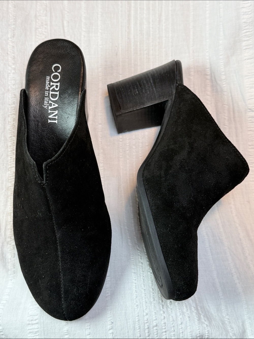 NWOT Cordani Italian Black Suede Slip-On Block Women’s 38 7.5-8 Heel Mules Sexy
